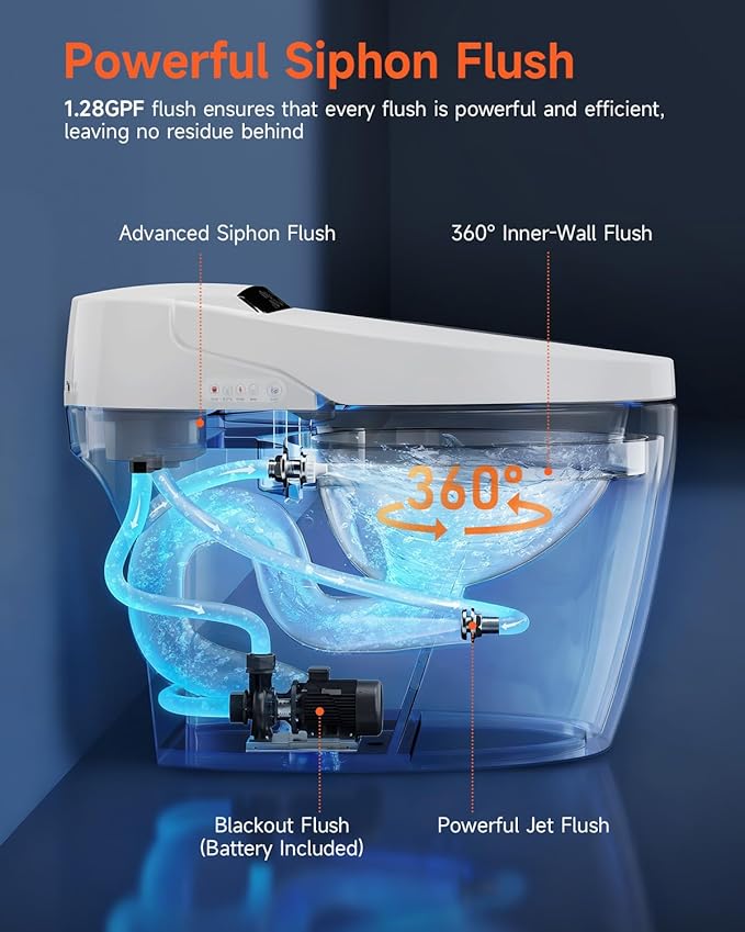 WANSID Smart Toilet,Advance Bidet with Heated Seat Smart with Bidet Built In,Tankless Toilet with Warm Water Sprayer and Dryer, Foot Sensor Operation,LED Display