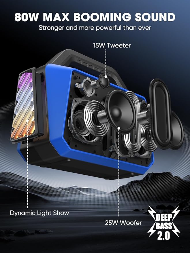 TPWIN Portable Bluetooth Speakers Loud - Wireless Speaker 80W Peak, Light Show, 20H Playtime, Strong Bass, BT 5.3, TWS, IPX6 Waterproof for Outdoor Travel Beach Camping - Blue