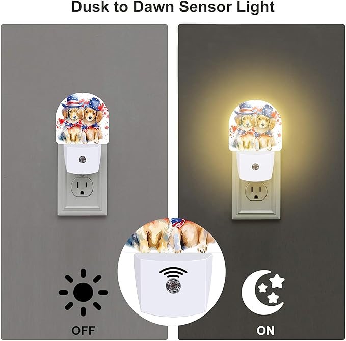 sndheke USA Flag Dog Couple Night Light Plug into Wall, American Patriotic Cute Dogs Dusk to Dawn Night Light Plug in,0.5w Energy Saving Sleep Friendly NightLight for Kids Boys Girls Home Decor