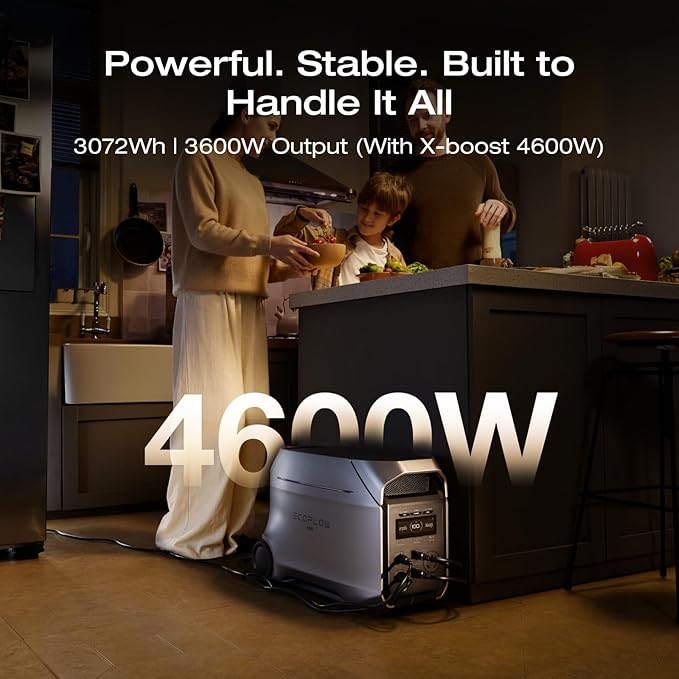 EF ECOFLOW DELTA 3 Ultra Plus Portable Power Station with Transfer Switch, 3072Wh LiFePO4 Battery, 3600W (7200W Surge) Output, Expandable to 11kWh, Reliable Home Battery Backup & Camping
