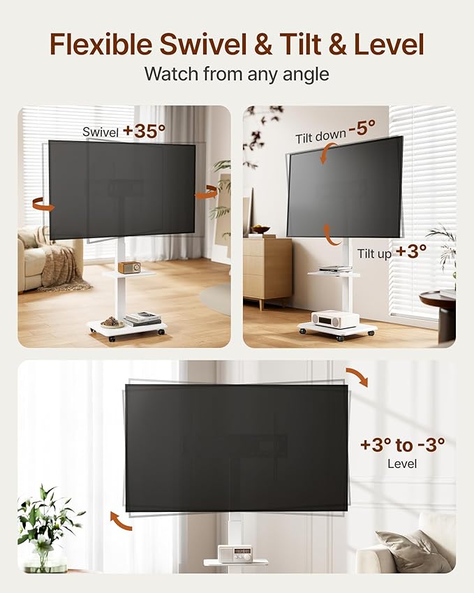 ECOTINY Steel Base Rolling TV stand with Power Outlet for 32-75 inch TVs up to 110 lbs, Leveling & Tilt & Swivel Mobile TV Stand with Hidden Wire Management, Height Adjustable Portable TV Stand, White