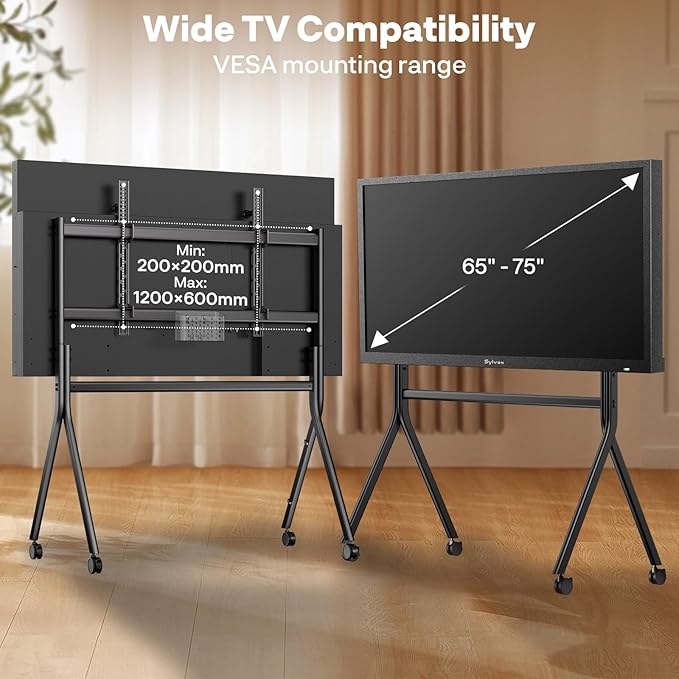 Sylvox TV Floor Stand for 65-75 Inch TVs, Heavy Duty Rolling TV Stand Max Load 132LBS/60kg, Mobile TV Cart with Lockable Wheels, Universal Flat/Curved Screen Mount, VESA 200x200 to 1200x600mm