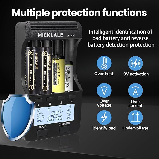 18650 Battery Charger, MIEKLALE 4 Bay Battery Charger with LCD Display Fast Charge for Rechargeable Batteries Li-ion 26650 18650 16340 10440 14500 20700,NI-MH NI-Cd AA AAA