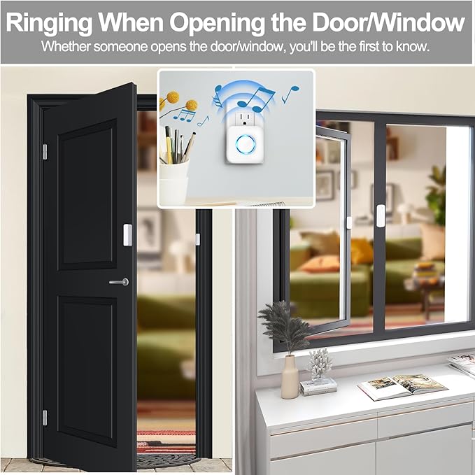 Door Chime, Satisure Wireless Door Open Contact Sensor Alarm Chime with 600 FT Range 58 Chimes 5 Volume Levels LED Indicators (1 Receivers & 3 Sensors)
