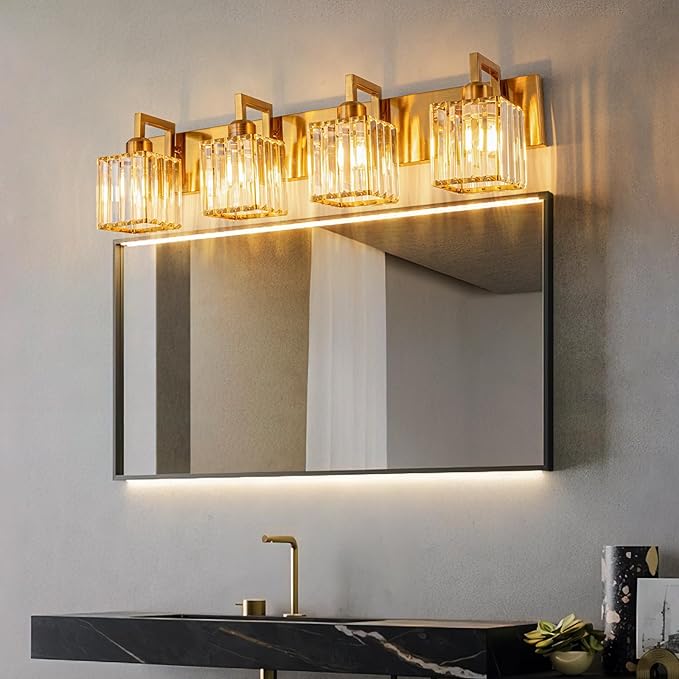 FDPBY Modern Crystal Bathroom Vanity Light 4-Lights Gold Brushed Brass Finish Modern Crystal Wall Lamp Bathroom Vanity Lighting