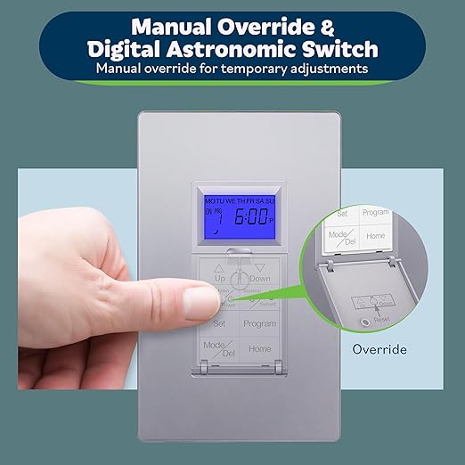 TOPGREENER Digital Astronomic Timer Switch, 7-Day Programmable Sunrise Sunset Timer for Lights, Fans, & Motors, Single-Pole or 3-Way, Neutral Wire Required, UL Listed, TGT01-HN-SV, Silver