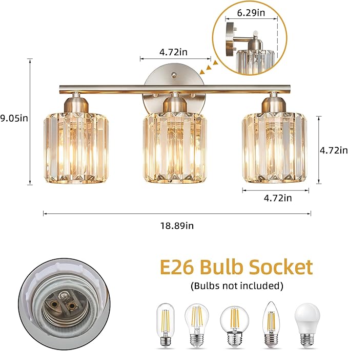FDPBY Modern 3 Light Crystal Vanity Light, Brushed Nickel Vertical Bathroom Light Fixture Over Mirror for Dressing Table Sink, Compatible with Dimmable Bulbs (Bulbs Not Included)
