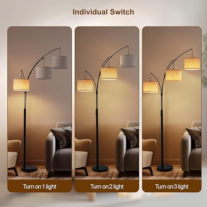 Fansdrick Floor Lamps for Living Room, 2400LM Super Bright Arc Floor Lamp with Remote Control, 3 Light Tall Floor Lamps with Stepless Dimmable, 80" Mid Century Tree Floor Lamp for Bedroom, Office