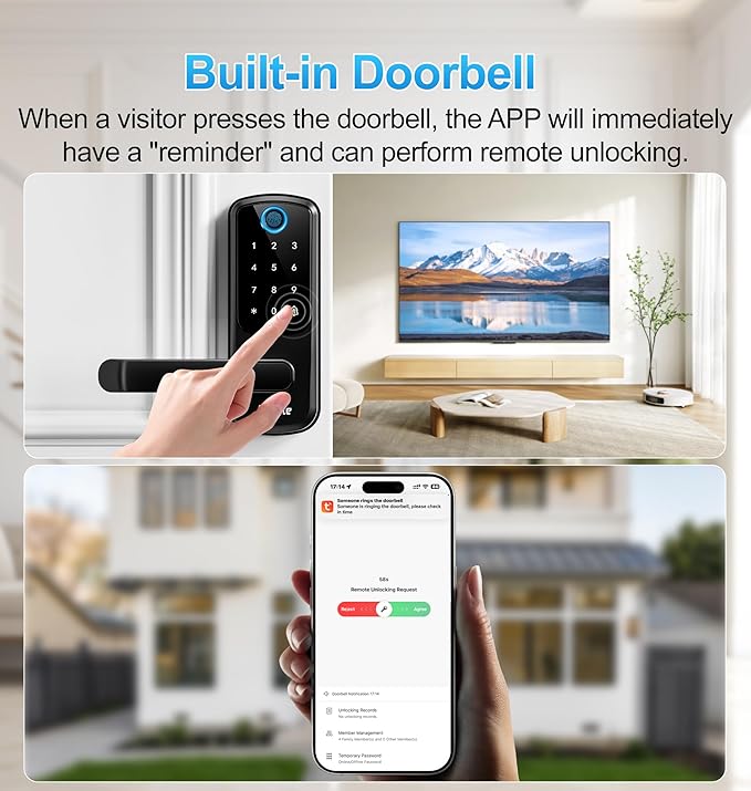 Aceele Keyless Entry Fingerprint Smart Door Lock, Built-in Wi-Fi, Electronic Lock for Front Door with Touch Digital Keypad and Handle, Automatic Door Knob for Apartment/Home/Bedroom(Black)