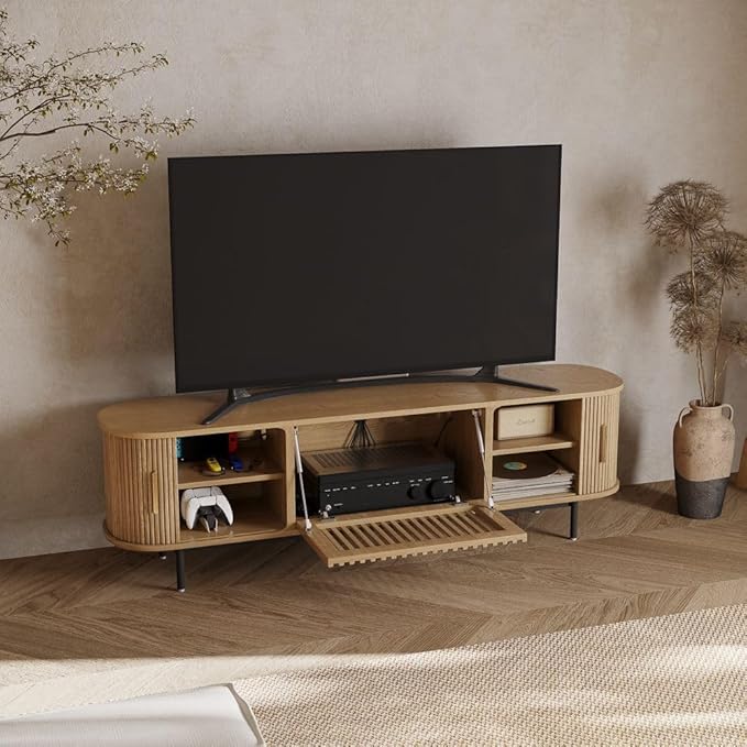 POVISON Fully-Assembled Mid Century Modern TV Stand for 70 inch TV, Sliding Door Entertainment Center with Storage, Wood TV Console, Media Console for Living Room Bedroom(Oak, 70.87")
