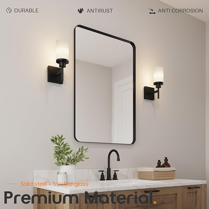AONEON Wall Light Fixtures Matte Black Bathroom Vanity Lights Over Mirror with White Frosted Glass, Wall Lamps for Hallway Washroom Porch Entrance T001MB-L1