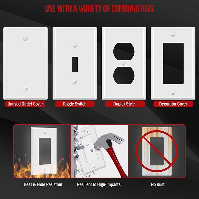 ENERLITES Decorator Switch Metal Wall Plate, Outlet Cover, Corrosion Resistant, Standard Size 1-Gang 4.50" x 2.76", Powder Coated Stamped Steel, 7731-WG, White Gloss