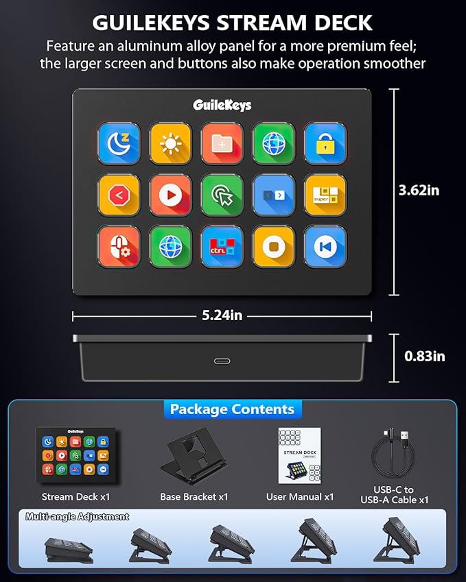 GuileKeys Stream Controller, Stream Deck with 15 Macro Keys Customizable, Gaming Macro Keypad with Trigger Actions in OBS/Twitch/YouTube/Streamlabs/Discord/Zoom, Compatible with Mac/PC, Foldable Stand