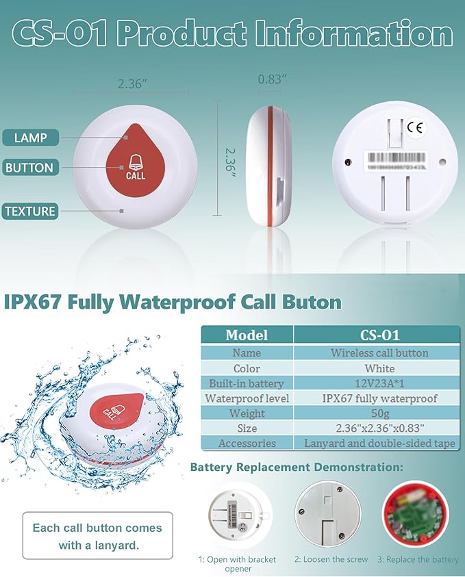 WNKRUN Wireless Calling System Caregiver Pager System 1200+ ft with 1 Display Receiver/Wireless Remote Control /10 Waterproof Call Buttons for Nursing Home Clinic Caregiver