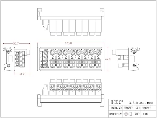 DIN Rail Mount AC 24-250V 8 Channel Pluggable Top Wiring Terminal Block Power Distribution Fuse Module, HCDC HD065VT