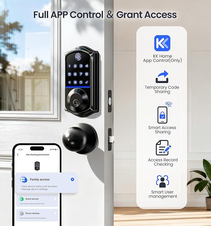 Veise VE017-K Fingerprint Smart Lock with 2 Knobs, App Control, Keyless Entry Front Door Lock with Handle Set, Electronic Digital Touchscreen Keypad Deadbolt, IP55 Waterproof, Auto-Lock, Matte Black