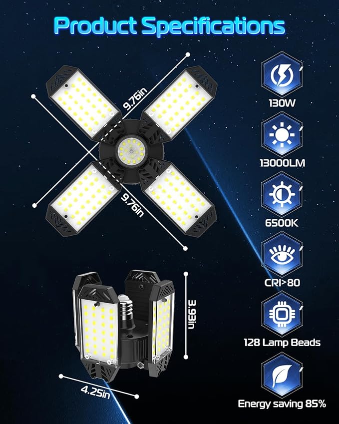 CHENGCHILIT LED Garage Light - 6 Pack 130W 13000LM Deformable 4+1 Panel LED Garage Ceiling Lights with Transformer, E26/27 Base, 6500K Daylight White Shop Lights for Factory, Storage Room, Warehouse