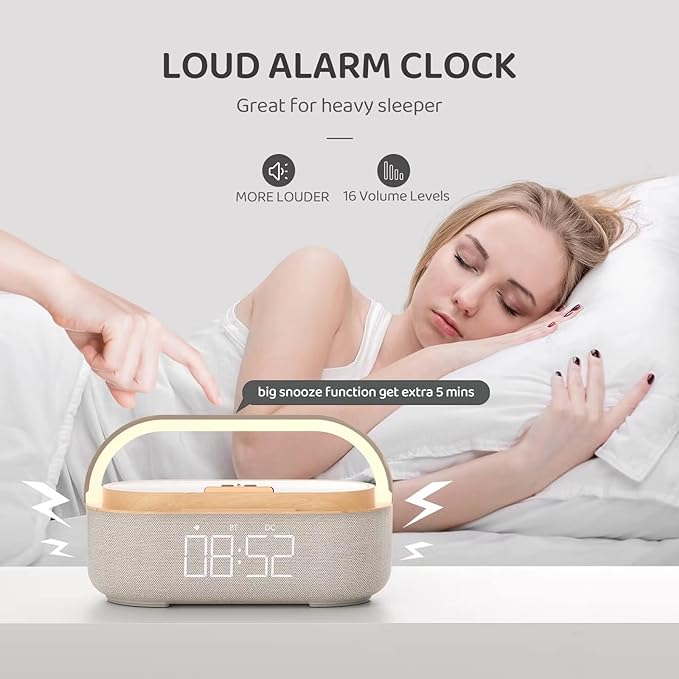COLSUR Bluetooth Speaker Alarm Clock with Wireless Charger, FM Radio, Adjustable LED Night Light, 6 in 1 Bedroom Portable Speaker 2500mAh, Phone Stand for Bedside, Home, Office, Gift (Wood)