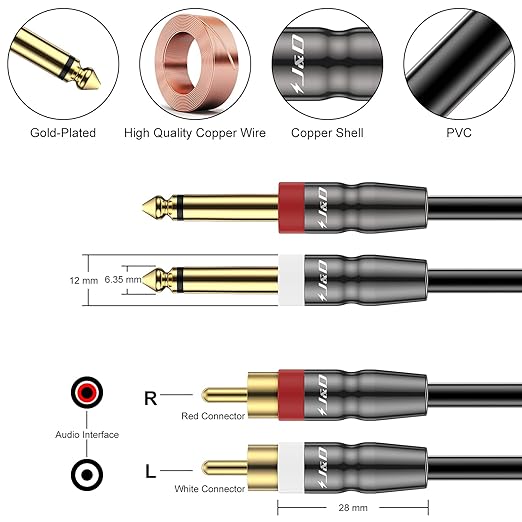 J&D Dual 1/4 inch TS to Dual RCA Cable, Heavy Duty 1/4 Male to RCA Male Adapter Stereo Audio Interconnect Quarter inch Cable, 15 Feet