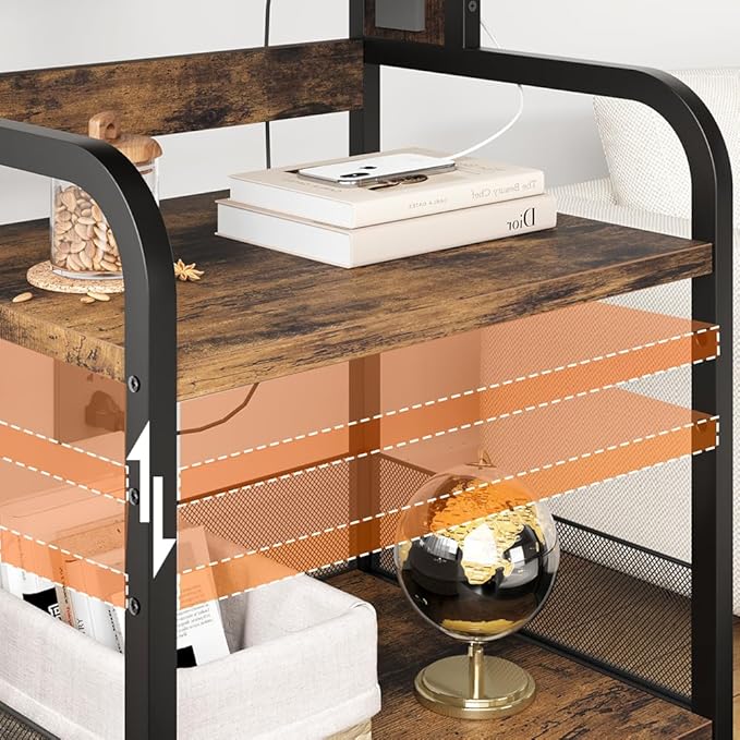 Garvee 3-Tier Large Printer Stand with Power Outlets & USB Port, Industrial Rolling Printer Cart with Heavy Duty Metal Frame & Adjustable Shelf & Storage & Lockable Wheels for Home Office, Retro Brown