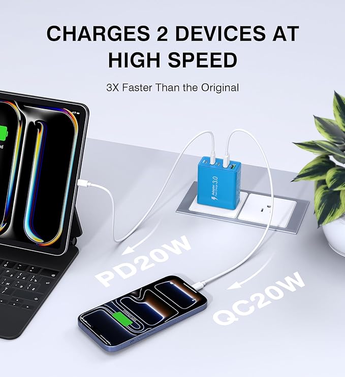 [60W/2Pack] Wall Charger, USB C Charger Block, 5-Port PD + QC 3.0 Fast Charging Power Plug Adapter Brick for Watch Series 10 9 8 7, for iPhone 17 16 15 14 13 Pro Max Airpod, Samsung Galaxy S25(Blue)