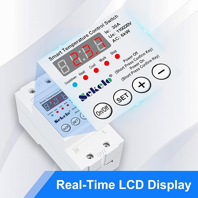 High-Power Temperature Control Switch, Rail-Mounted Digital Thermostat with Real-Time LCD Display for Heating & Cooling, 63A 110/220V, -40°C to 140°C, Ideal for Greenhouses, Aquaculture,Boilers