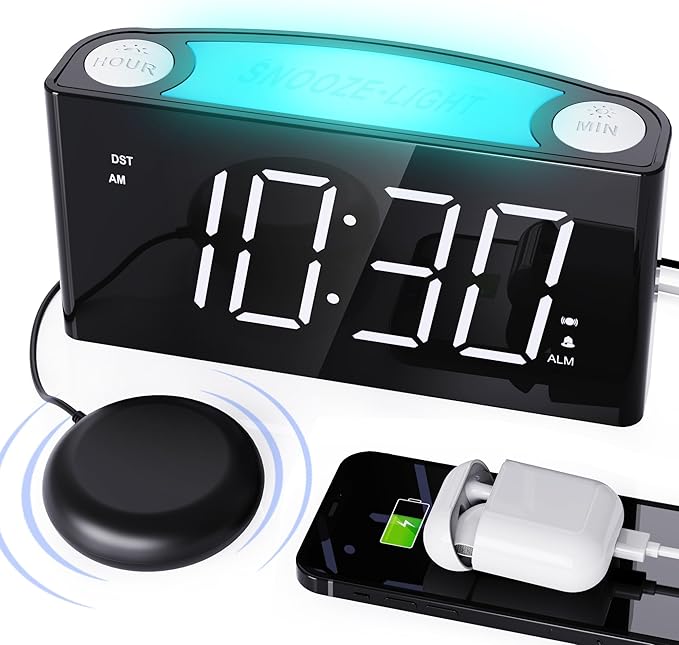 Vibrating Alarm Clock with Bed Shaker for Heavy Sleepers, Beside Clock with Night Light for Bedrooms, 2 USB Chargers,Large LED Display with Dimmer,Snooze 12/24H DST, Battery Backup