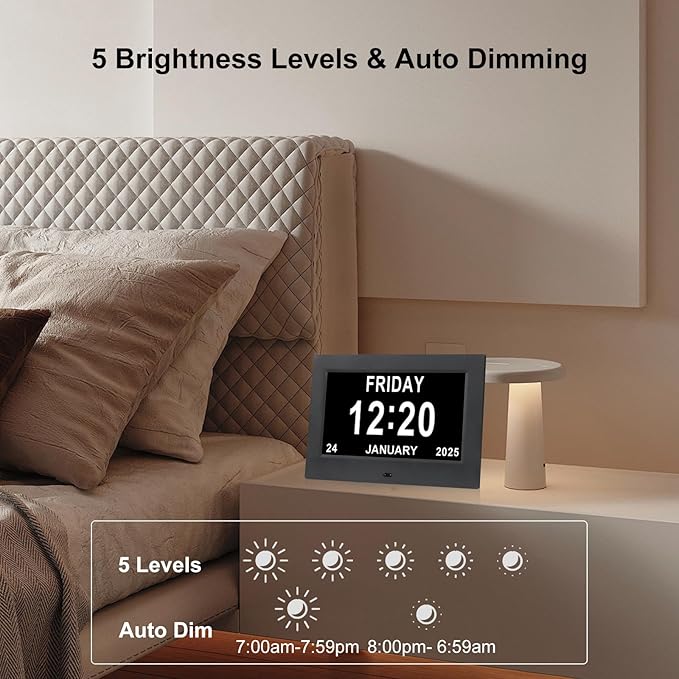 Irednolw Black Clock with Day and Date for Elderly Dementia Patients-Large Number Digital Clocks for Seniors-Digital Calendar Day Clock for Seniors Large with 12 Alarms, Auto Dimming