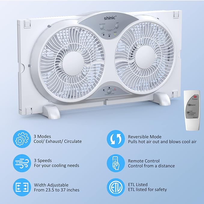 shinic 9" Twin Window Fan with Reversible Airflow, Removable Cover and Bug Screen, Remote Control, 3 Functions-3 Speeds, Width Adjustable (23.5" to 37"), Bathroom Kitchen Window Fan ETL Certified