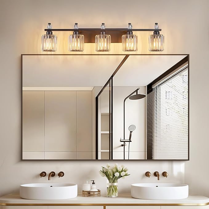 FDPBY Bathroom Vanity Lights 5-Light Sand Black Modern Crystal Vanity Light Fixtures Over Mirror Crystal Bathroom Vanity Lighting Fixtures