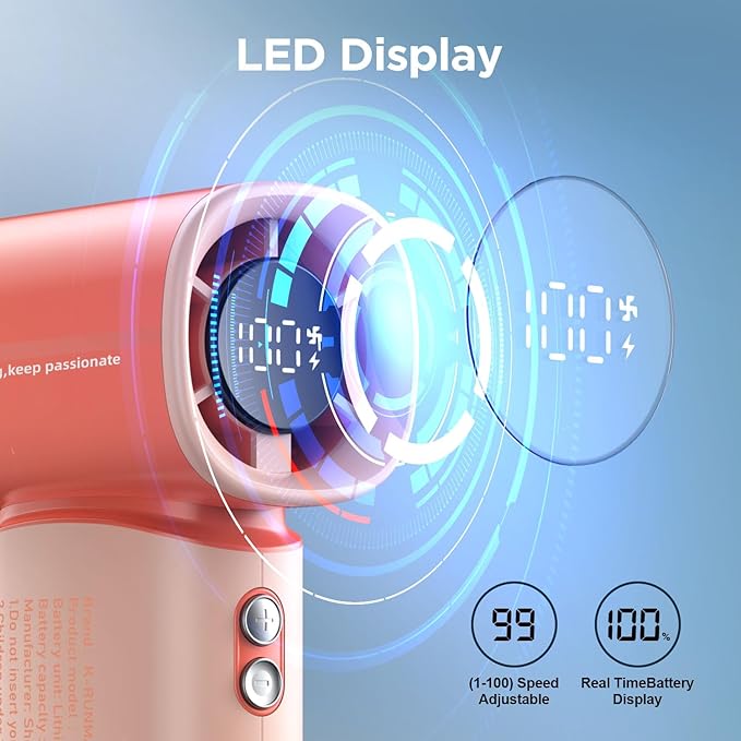 K-RUNMAN Portable Handheld Turbo Fan,100 Speeds Adjustable Mini Personal Fan, 4000mAh USB Rechargeable Battery Operated, LED Display,Gifts for Women Men Travel/Camping/Outdoor (Pink)