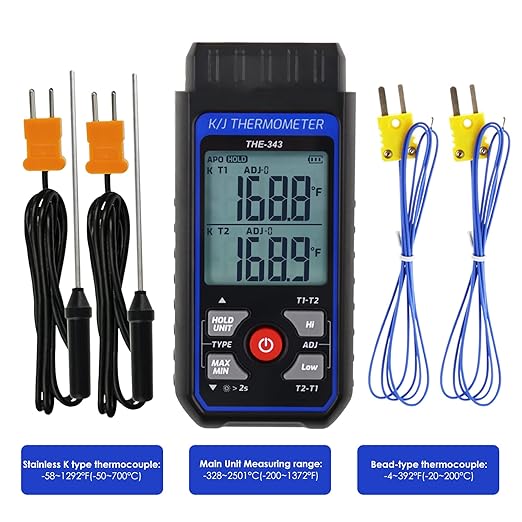 Thermocouple Thermometer Digital K Type Thermometer with 4 Thermocouples, -328~2500℉ Measuring Range HVAC Dual Channels Temperature Meter Gauge with LED Backlight & ADJ Compensation