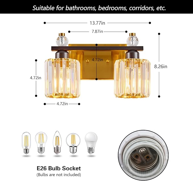 FDPBY Bathroom Vanity Lights 2-Light Black Gold Modern Crystal Vanity Light Fixtures Over Mirror Crystal Bathroom Vanity Lighting Fixtures