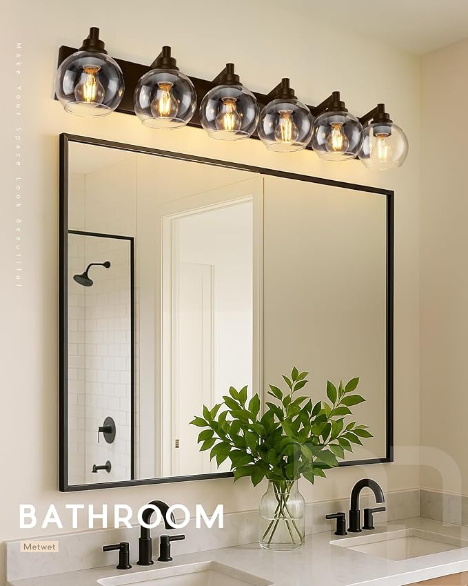 METWET Oil Rubbed Bronze Bathroom Light Fixtures, 6-Light Bathroom Vanity Lights Over Mirror with Globe Clear Glass Shade, 38 Inch Modern Sconces Wall Lighting, VL195-ORB-6