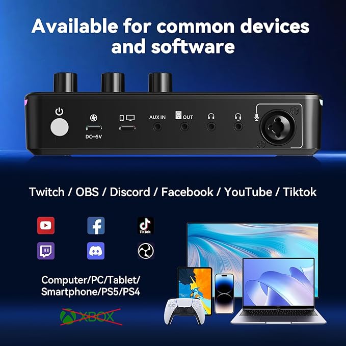 SINWE G1 Gaming Audio Mixer, RGB Audio Interface with Pro-preamp,Bluetooth, Streaming PC Mixer with XLR/48V Phantom Power for Live Streaming, Podcasting, Content Create, Gaming(Black)