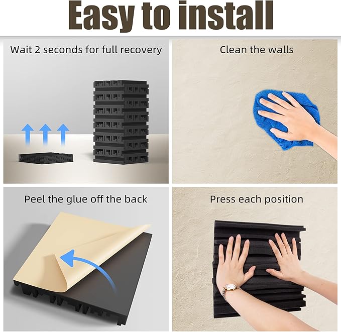 ZELMINE Upgrade 24 pack Self-adhesive Sound Proof Foam Panels,12" X 12" X 2" Acoustic Panels with High Density,Decorative Soundproof Wall Panels Studio Sound Absorbing Foam for Wall and Ceiling(Black）