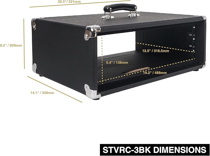 Sound Town Vintage 3U Amp Rack Case, 12.5" Depth with Rubber Feet, Dust Cover, Kickstand, Black (STVRC-3BK)