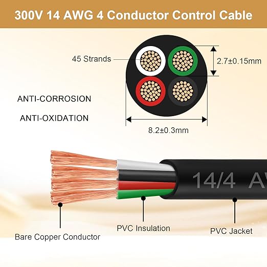 MOOKEERF 14/4 AWG Mini-Split Cable - 150FT 14 AWG 4 Conductor Control Cable 300V Stranded Oxygen-Free Pure Copper Wire for Mini Split Air Conditioner,Heat Pump,HVAC Systems and Speaker Systems