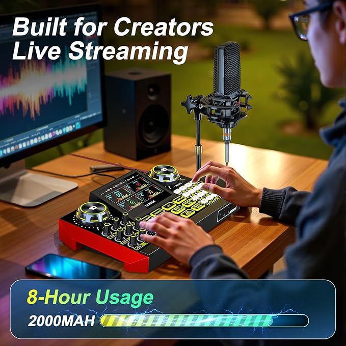 Podcast Microphone Bundle with Live Sound Card Audio Mixer, Podcast Equipment Bundle with 3.5mm Condenser Microphone for Pc/Phone Live Streaming Singing Gaming, Sound Board with Voice Changer, Denoise