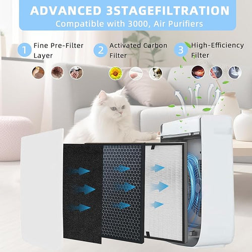 10-Pack 3000 Replacement Filters Compatible AD3000 Air Purifi-er, 3000,3000M, 3000Pro Air Purifi-er,2 air filter, 2 Activated Carbn and 6 Extra Carbn Pre-Filters