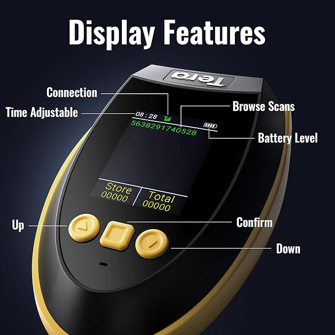 Tera Barcode Scanner Wireless with Screen: Pro Version 1D 2D QR with Setting Keypad Charging Cradle Works with Bluetooth 2.4G Wireless USB Wired Handheld Bar Code Reader HW0009 Yellow
