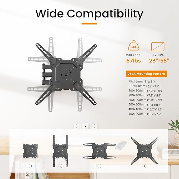 Full Motion TV Wall Mount for 23-55'' Flat & Curved TVs and Screen, Rotation Swivel & Tilt Articulating Wall Mount Bracket with Cable Storage for Corner Motorhome VESA 400x400 Max Load 67 lbs
