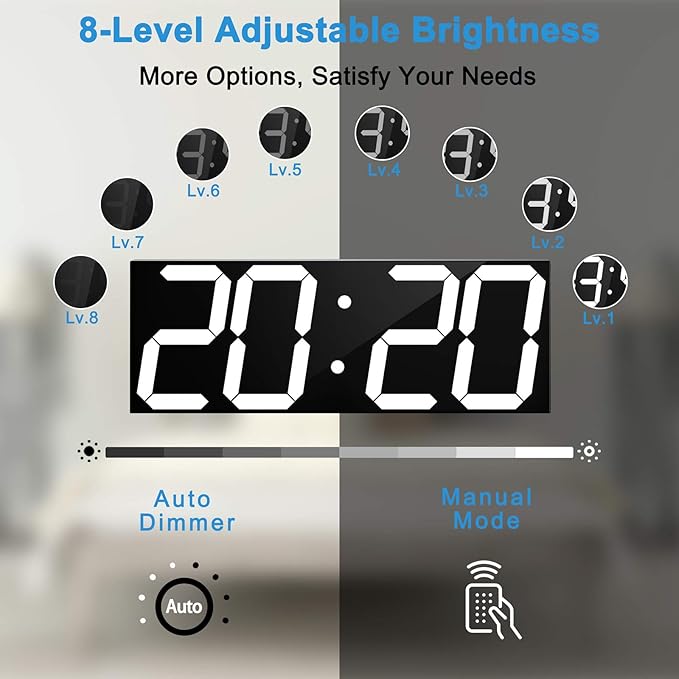 CHKOSDA LED Large Digital Wall Clock, Oversize Wall Clock with 6” Numbers, Remote Control Count up/Countdown Timer Clock, Auto Dimmer, Big Calendar and Thermometer(White)