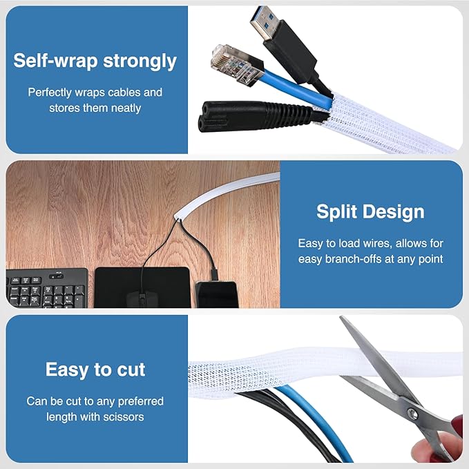 Nilight Cable Sleeve, 10ft-1/2inch Cord Management Sleeves, Braided Sleeving, Split Self Wrapping Wire Loom for Computer Electrical Automotive Harness Protector Organizer, White