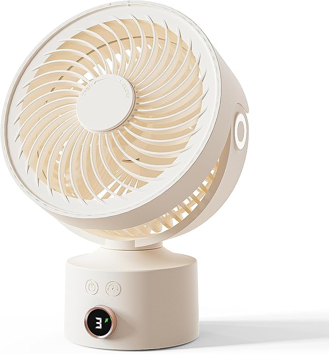 CARONSORT Desk Fan, Small Oscillating Fan for Bedroom, 9 Inch Table Fans Quiet,Desk Air Circulator Fan with 3 Speeds, 4H Time, Rechargeable Fan for Office/Dorm/Room-Beige