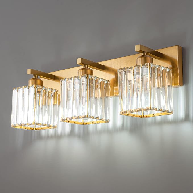 FDPBY Modern Bathroom Vanity Light 3-Lights Gold Crystal Bathroom Wall Light Vanity Light Fixtures，20.47-inch Modern Minimalist Design