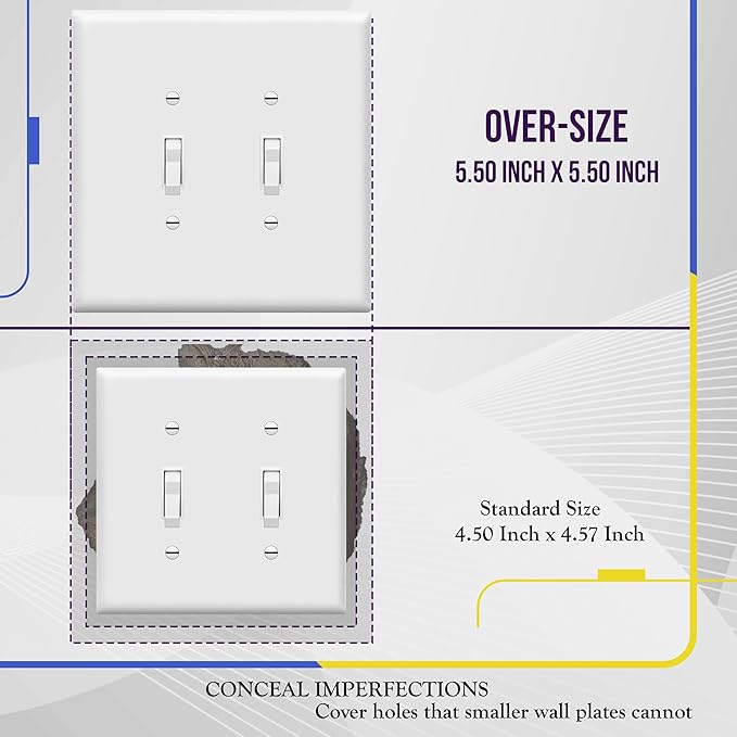 ENERLITES Jumbo Double Toggle Switch Cover, Large Two Gang Light Switch Wall Plate, Gloss Finish, Oversized 2-Gang 5.5" x 5.5", Polycarbonate Thermoplastic, UL Listed, 8812O-W-5PCS, White, 5 Pack