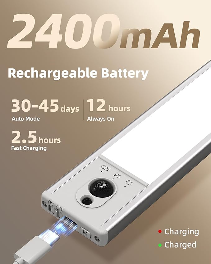 EZVALO 5-Pack Under Cabinet Lighting, 2400mAh Motion Sensor Light, LED Closet Lights Wireless, 6500K Dimmable, Timer, Magnetic, with Remote Control for Kitchen, Closet, Stair