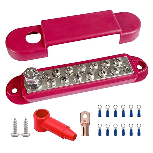 1/4" Stud Power Distribution Block Bus Bar with 12 x #8 Screws, Ampper 5.3" 12V 150A Marine BusBar Battery Distribution Block Kit W/Cover for Car Boat Solar (Red)