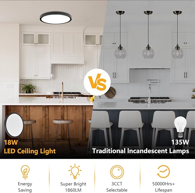 RLEDPZTX Led Flush Mount Ceiling Light,9 Inch 18w 1860lm,3000k/4000k/6000k 3CCT Selectable, Round Modern Flat Panel Super Slim Led Ceiling Light,for Living Dining Kitchen Bedroom Room (4Pack-Black)